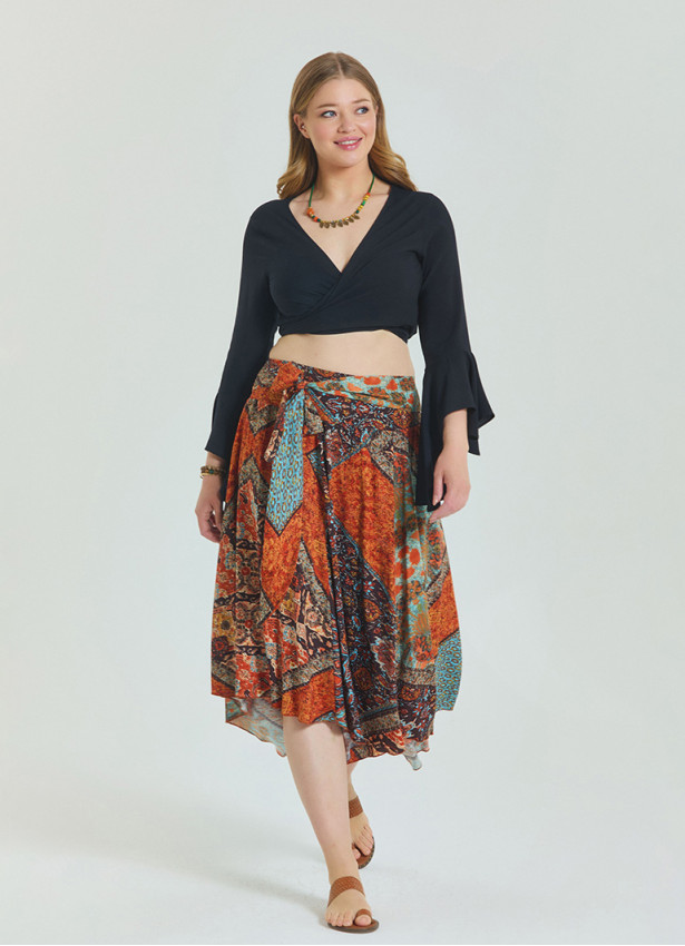 Brown Plus Size Skirt with Waist Tie and Gipe Detail 4593